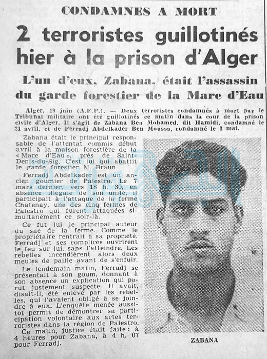  أول من نُفذ عليه حكم الإعدام بالمقصلة إبان  ثورة التحرير في سجن سركاجي 19 جوان 1956